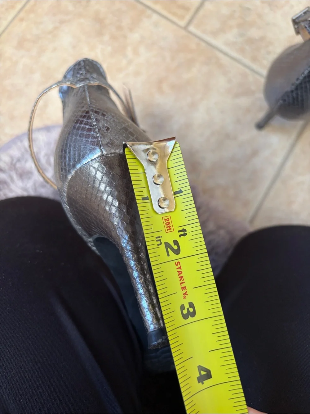 bp Silver/Bronze Metallic Snake-Embossed Ankle Strap Heels. Size 7M